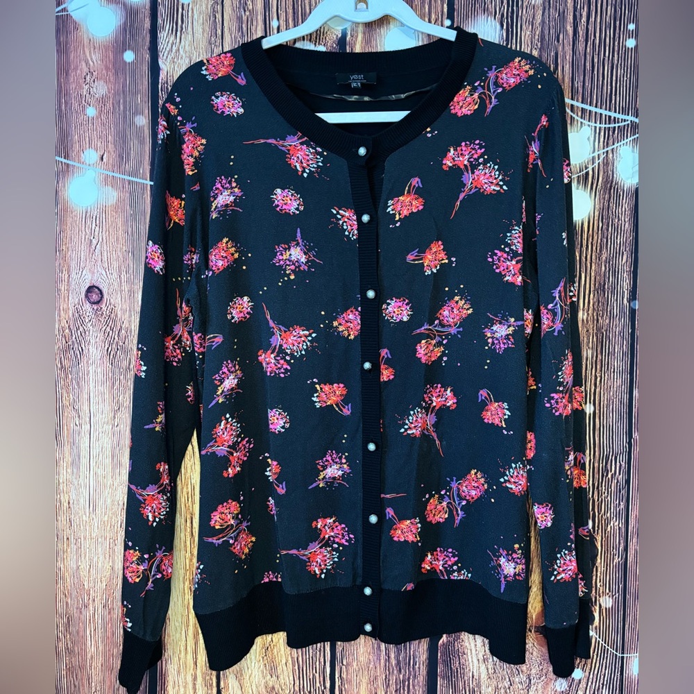 Yest Black Floral Cardigan with Pearl Buttons